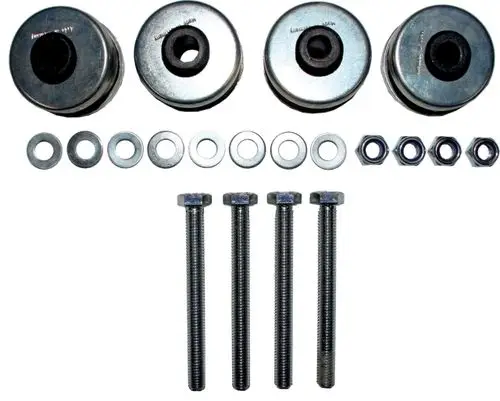 Set aus Gummipuffern, Bolzen, Unterlegscheiben und Muttern, hergestellt von Wolf, zur Verwendung in mechanischen Anwendungen oder Fahrzeugen.